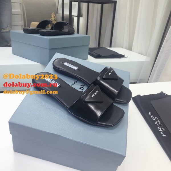 Replica  Prada Leather Logo Flat Slide Sandals