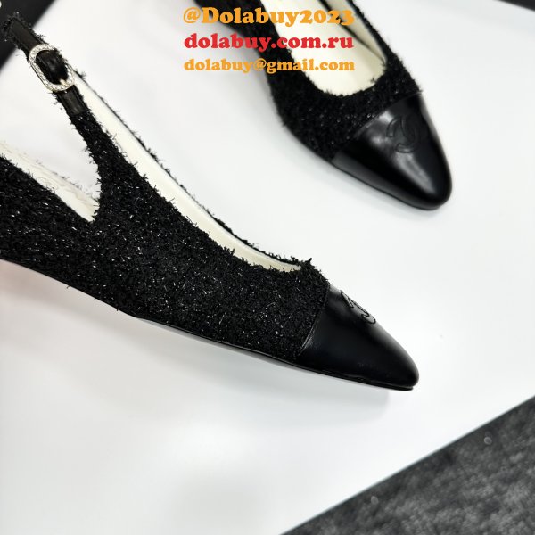 Cotton Tweed Lambskin White Black Slingbacks Shoes